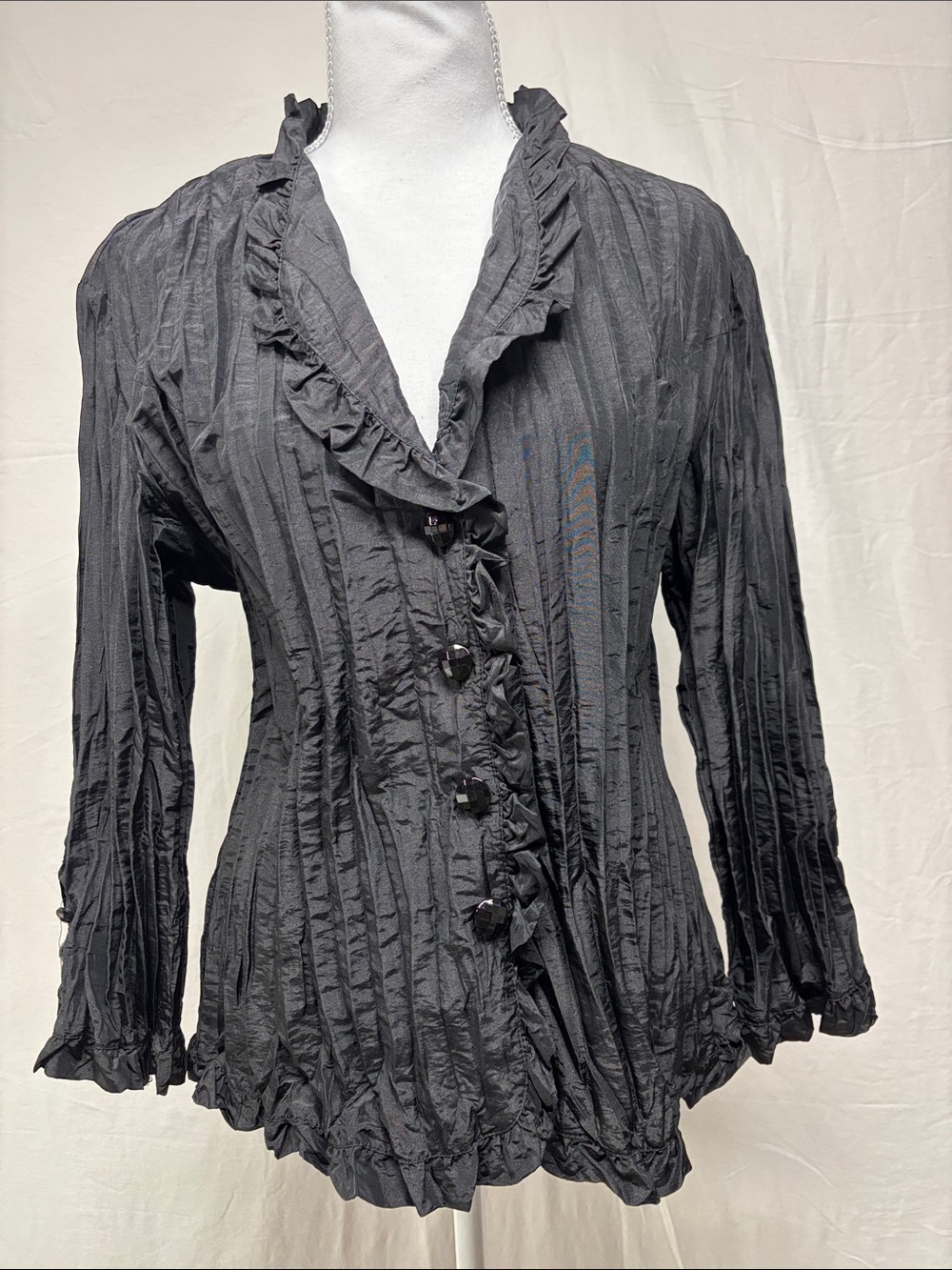 Women's Black Ruffled Button-Front Blouse